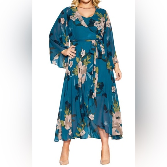 CITY CHIC Teal Bold Bloom Floral Plus Size Eleanor Chiffon MaxiDress NWT Size 24 - Picture 1 of 16